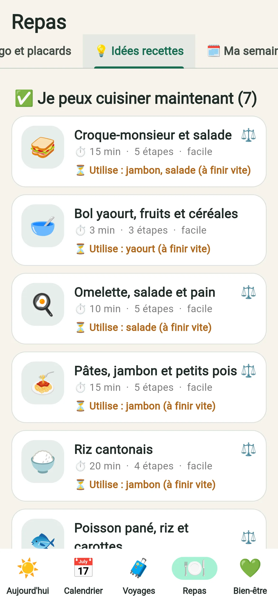 Les idées de recettes possibles avec ce qu’il y a dans le frigo.